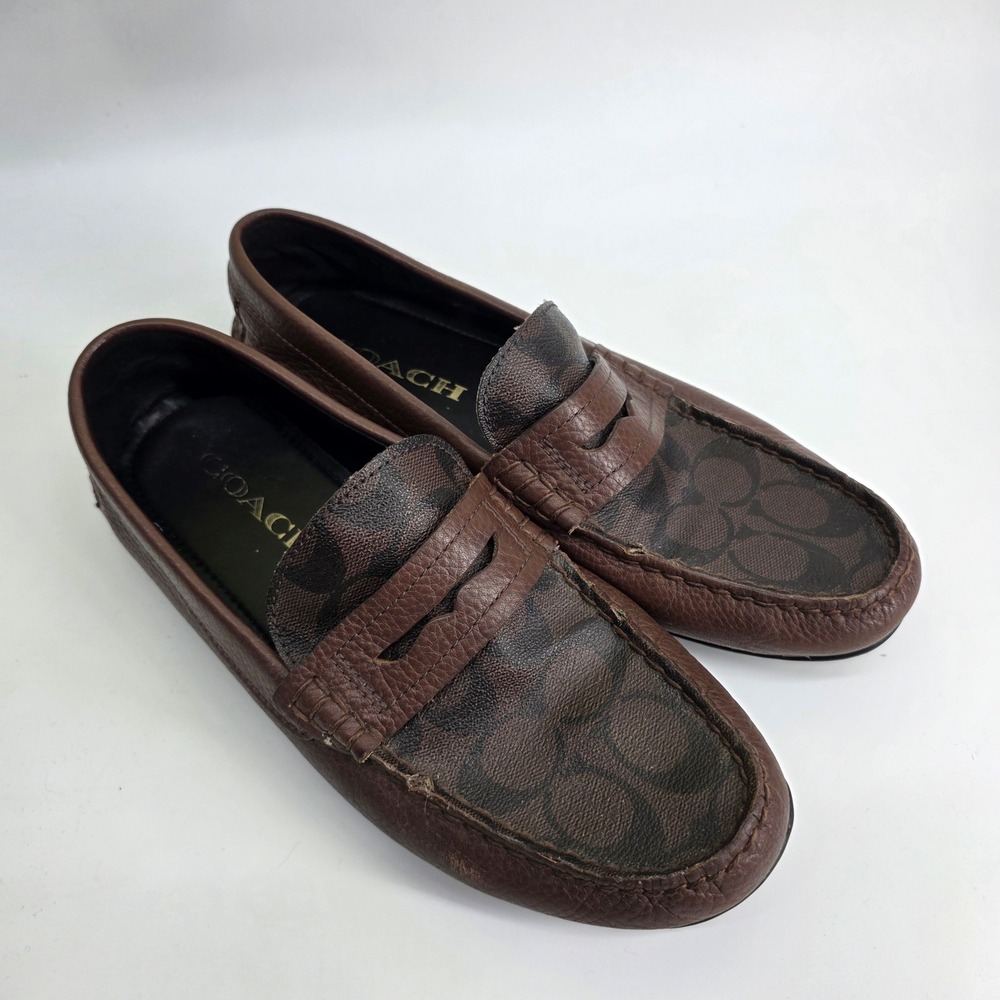 Coach Mens Signature Canvas Pebble Leather Penny Loafers Brown Driving Mocs 8D
